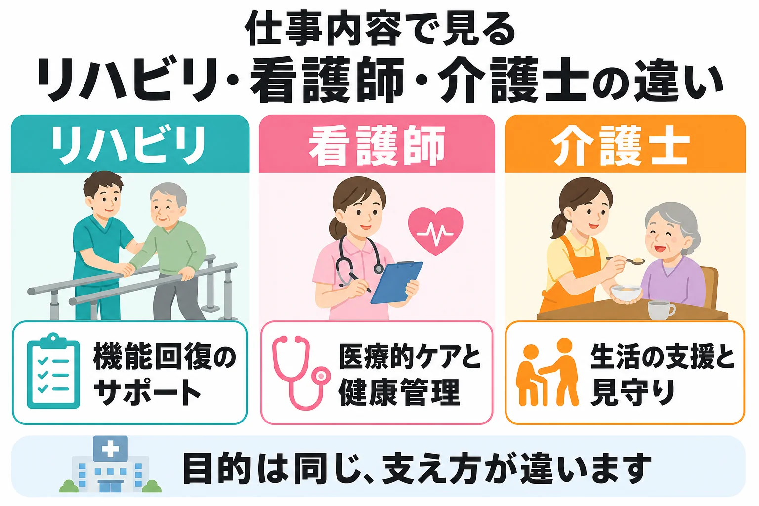 仕事内容で見るリハビリ・看護師・介護士の違い